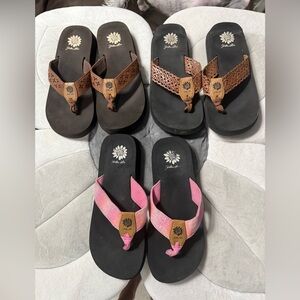 Yellow Box Flip Flops with Brown and Pink Straps 3 pairs size 8
